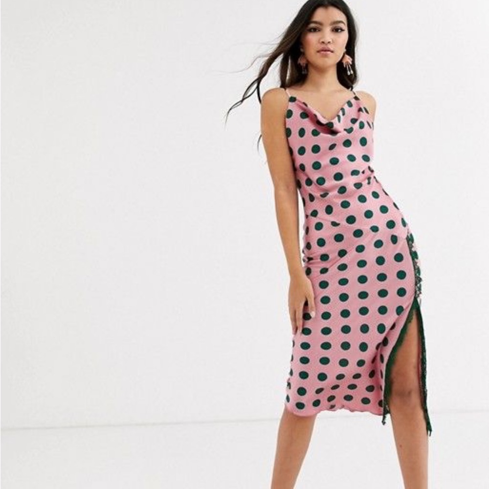 Outrageous Fortune on ASOS cowl front satin midaxi dress